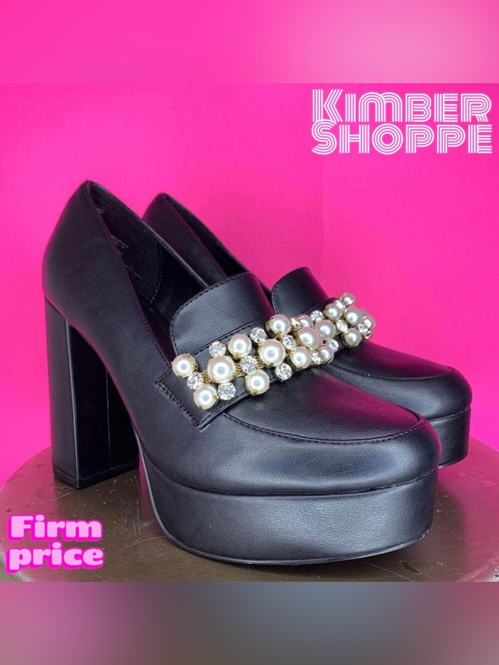 JustFab Adele Throwback Black Faux Leather Pearl Loafer Pumps US 6.5